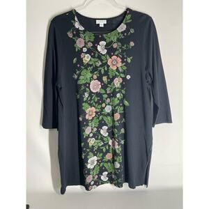 J. Jill Black Floral Split Hem Tunic Long Line Top Stretch Size Large